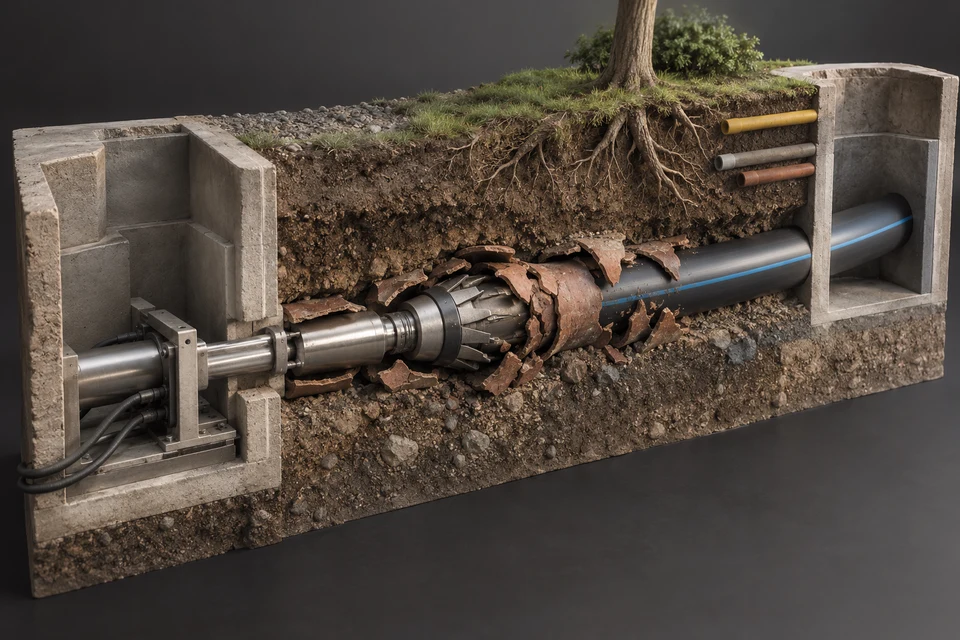 Conceptual illustration of pulling rods · bursting head · new hdpe