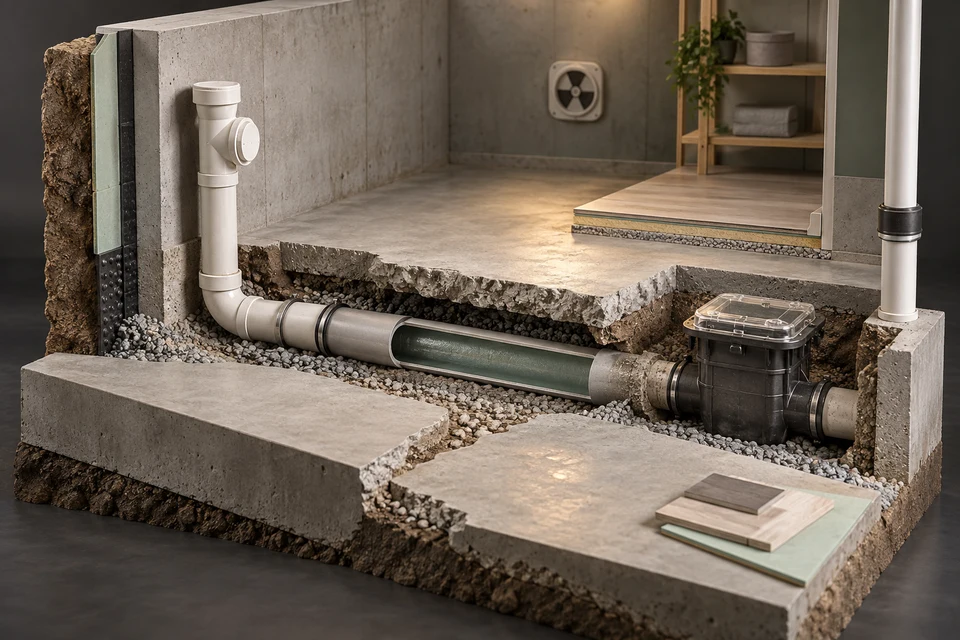 Conceptual illustration of floor access · drain replacement · surface repair