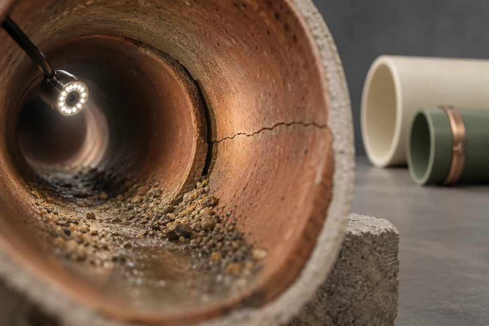 Conceptual illustration of camera evidence · repair feasibility · new-pipe scope
